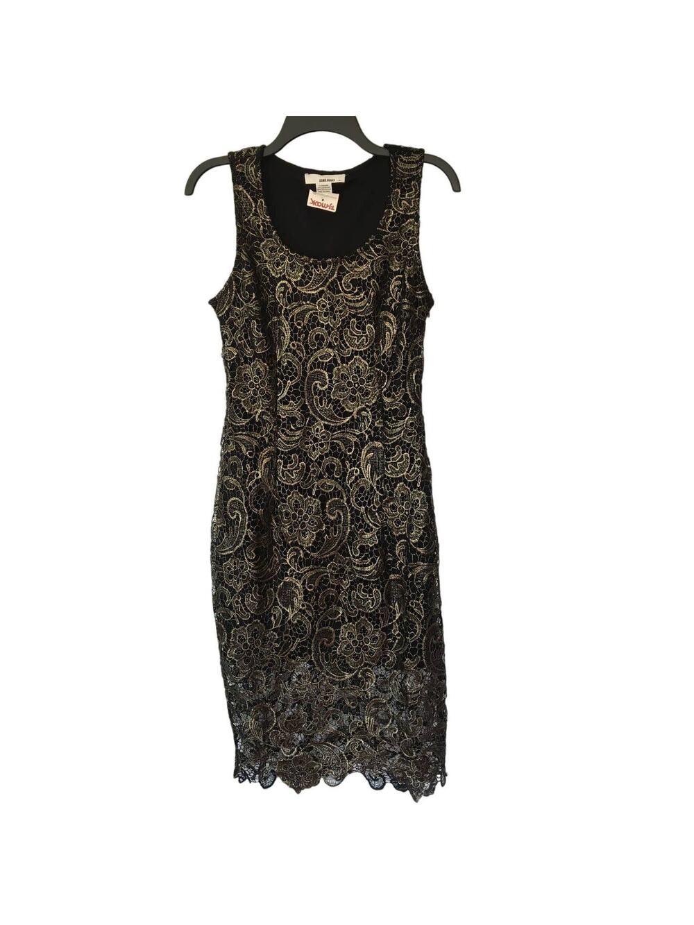 NWT Sans Souci Medium Lace Midi Dress, Lined to Knee, Sheer Black With Gold lace